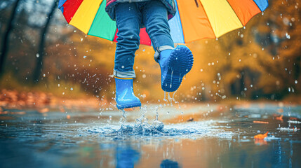 Child's feet in blue rain boots splashing through a water puddle, with a multicolored umbrella in the background