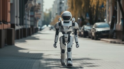 A futuristic robot walks on a city street with advanced technology.