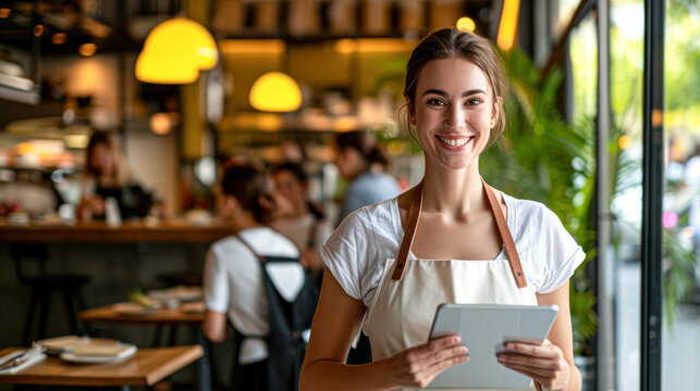 A welcoming waitress in a casual apron smiles as she takes customer orders on a digital tablet in a bustling restaurant.