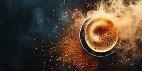 Explosion of aromatic coffee in a cup of cappuccino