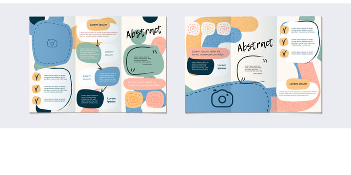 Cute creative multi colored cover design for advertising brochure with abstract shapes. Corporate trifold brochure layout. Vector design. Templates in simple style, typography design