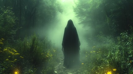 Forest witch in the foggy forest - obrazy, fototapety, plakaty