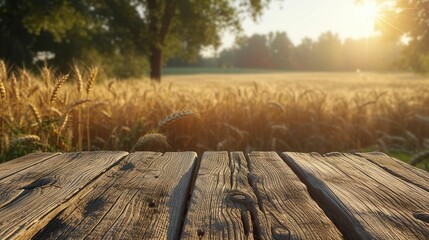 The empty wooden table top with wheat farm background