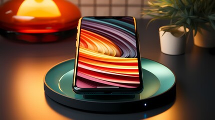 A top view of a wireless charging pad with a solid background, highlighting its sleek design and compatibility with various devices