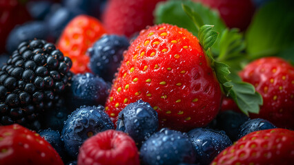 Obraz premium Close-up image capturing the freshness of mixed berries with water droplets, emphasizing the juicy texture and vivid colors.