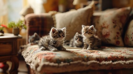 high detailed and high quality Hyperrealistic portrayal of miniature kittens in a cozy, dollhouse-inspired setting, showcasing their playful antics and fluffy fur textures