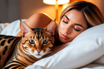Beautiful happy women and Cute Bengal cat on a bed.