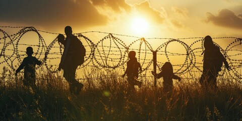 The international migrant problem. silhouette of a man trying to get through the barbed wire - obrazy, fototapety, plakaty