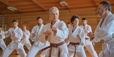 Women and men of different ages practice kata during group karate training - Powered by Adobe