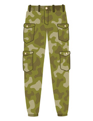 Military clothes, equipment for soldier. Woodland camouflage style, isolated icon. Isolated pants. Flat cartoon,  illustration