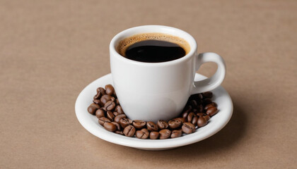 white small cup of coffee espresso background of scattered beans 6
