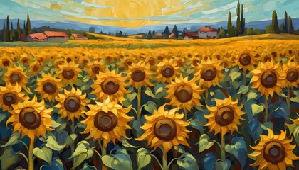 oil painted landscape. field of sunflowers with a farm on the horizon. landscape