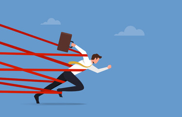 Business difficulty or struggle with career obstacle, businessman tied up with red tape trying to run away with full effort, limitation or challenge to overcome for being success