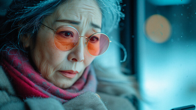 Portrait of a 60 year old Japanese woman with modern glasses in winter looking at her mobile