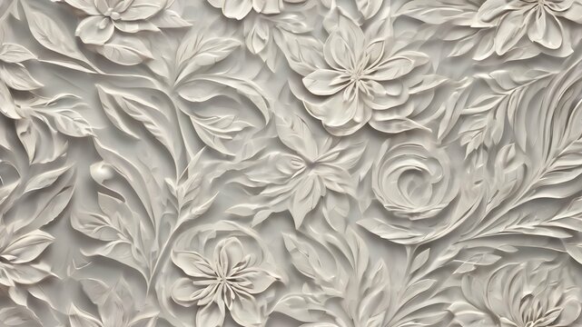 image of a surface with gypsum flowers and leaves. stucco. art. wallpaper. design and decor