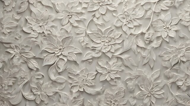 image of a surface with gypsum flowers and leaves. stucco. art. wallpaper. design and decor