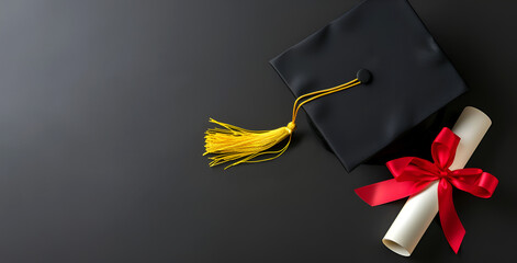 Black graduate cap with yellow tassel, diploma paper scroll tied with red ribbon with bow on black background,, top view, mortarboard Concept of Education, Learning or Science