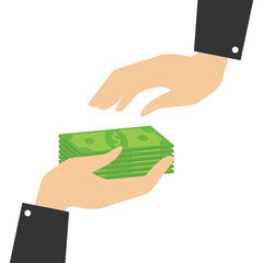 Borrow money from friends, debts, and loans, the concept of credit or loans, payment of incentives or bonuses, a businessman's hand giving a banknote to a friend's hand.