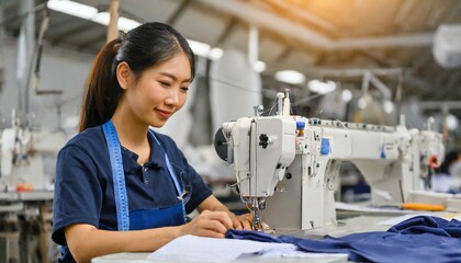 Asian female working. Chinese seamstress in textile factory sewing with industrial sewing machine.