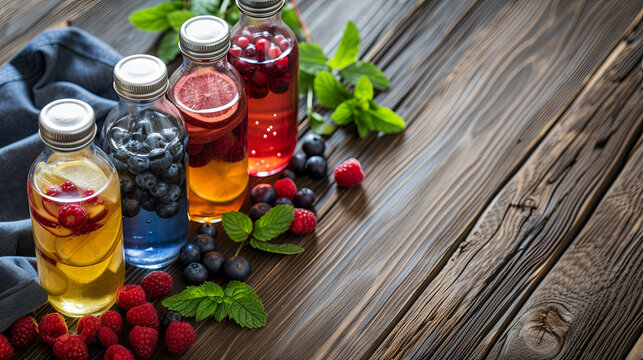 Glass bottle with berry drink to relieve thirst