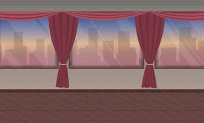 Restaurant interior with cartoon scene. Red cloth, white armchairs and city silhouette outside the window. Romantic dinner for couple no people.  illustration