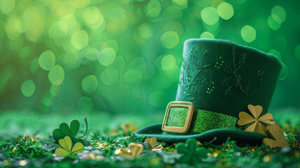 Green leprechaun hat with clover for St. Patrick's Day on green background - obrazy, fototapety, plakaty