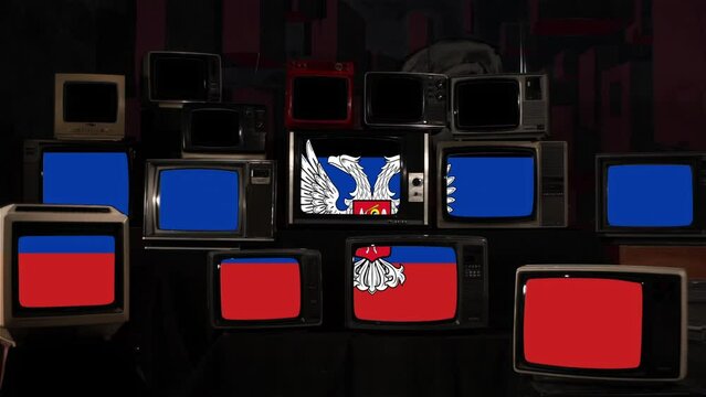 Flag of Donetsk Peoples Republic and Vintage Televisions. 4K Resolution.
