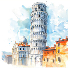 Leaning Tower of Pisa. Landscape. Architectural building, historical monument. illustration. Imitation of watercolor painting.
