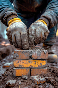 Construction worker laying bricks on a construction site, close-up. Home construction.