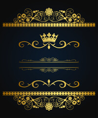 Set of Decorative vintage frames and borders set, Gold photo frame with corner Thailand line floral for picture, Vector design decoration pattern style. calligraphic design.