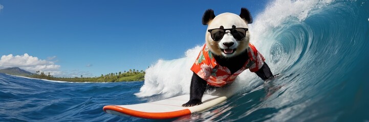 A banner with a funny panda surfing—great for social media, surfing school promotions, beach...