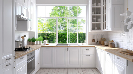 Beautiful luxury white kitchen with furniture and window