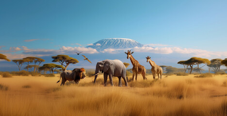 safari animals gathering on the african landscape, national wild life day concept - obrazy, fototapety, plakaty