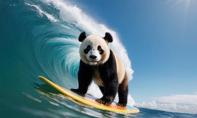 featuring a funny panda riding waves, perfect for social media, surfing school promotions, beach...