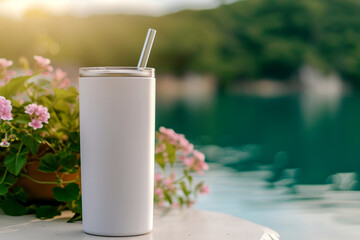 Close-up of a white color Tumbler includes lid on a table with flower, a blurred or bokeh background of a Lake view, Tumbler Mockup