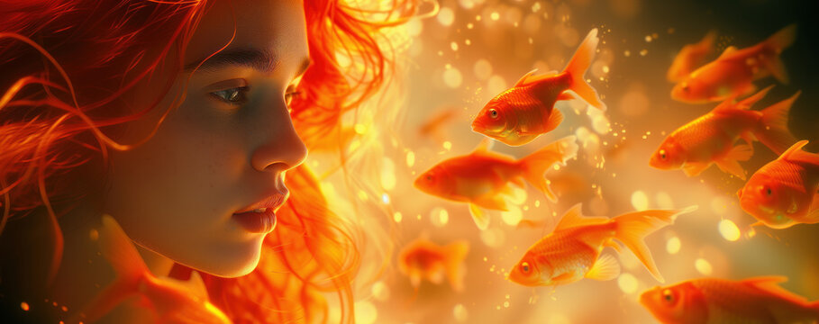 dreamlike serenity orange glow of a surreal underwater scene surrounded by goldfish
