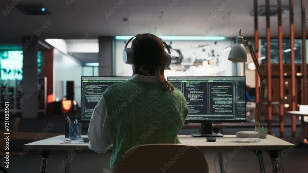 Aufkleber creative office: professional female programmer uses headphones, working on desktop computer. focuse