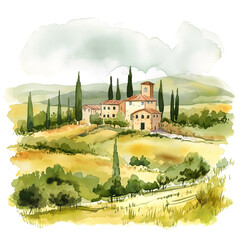 Italy. Watercolor sketch landscape of Tuscany. Green field with trees. Ai art.