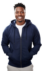 Fictional young man wearing a navy blue zip-up hoodie partially zipped with a white tee underneath; smiling