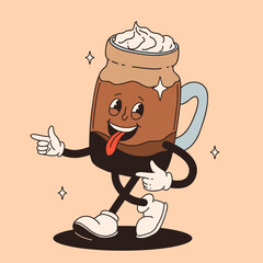 Funky groovy cartoon character Coffee sticker. Vintage funny mascot with psychedelic smile and emotion. Design art for cafe, bar, restaurant. Comic trendy vector illustration 70s 80s 90s style