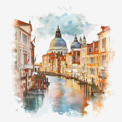 Venice view. Landscape. Architectural building, historical monument. City illustration. Imitation of watercolor painting. Ai Art.