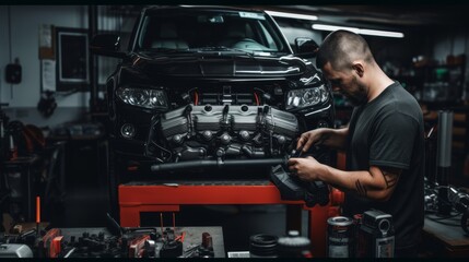A garage setup with an engineer overhauling the entire engine - obrazy, fototapety, plakaty