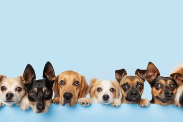 Obraz premium A variety of cute dogs with expressive eyes lined up against a bright blue background. Generative ai