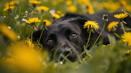 
An image that captures a dog relaxing amid dandelions 