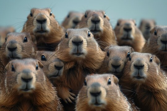 A captivating close-up image capturing a group of alert and curious prairie dogs, showcasing their expressive faces and detailed fur.Generative ai

