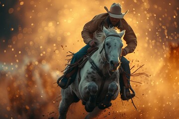 Fototapeta premium a cowboy in action, skillfully riding a horse during a rodeo event. Generative ai