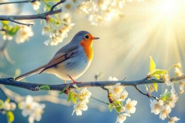 Obraz premium a robin bird perched on a spring blooming tree branch. Generative ai