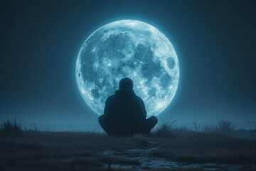  A serene moment captured as a man sits on the ground, peacefully gazing up at a giant moon in the night sky. Generative ai