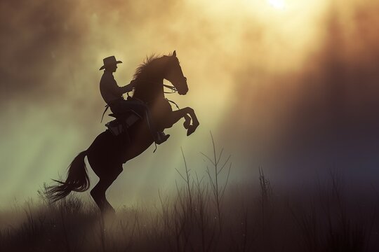 A captivating image capturing the silhouette of a cowboy riding his horse amidst the golden hues of sunset, evoking a sense of freedom and adventure. Generative ai