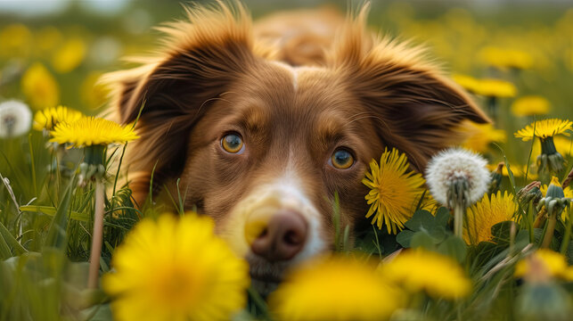 A picture capturing a dog lounging amidst yellow spring dandelions